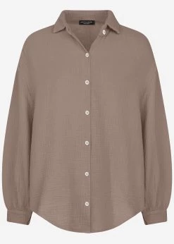 Musselin Bluse Oversize, Kurz, Taupe 21 Musselin Bluse Oversize, Kurz, Taupe -Sassyclassy S1204B3894 Bust