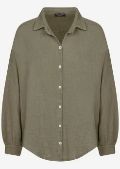 Musselin Bluse Oversize, Kurz, Khaki -Sassyclassy S2201B4515 Bust