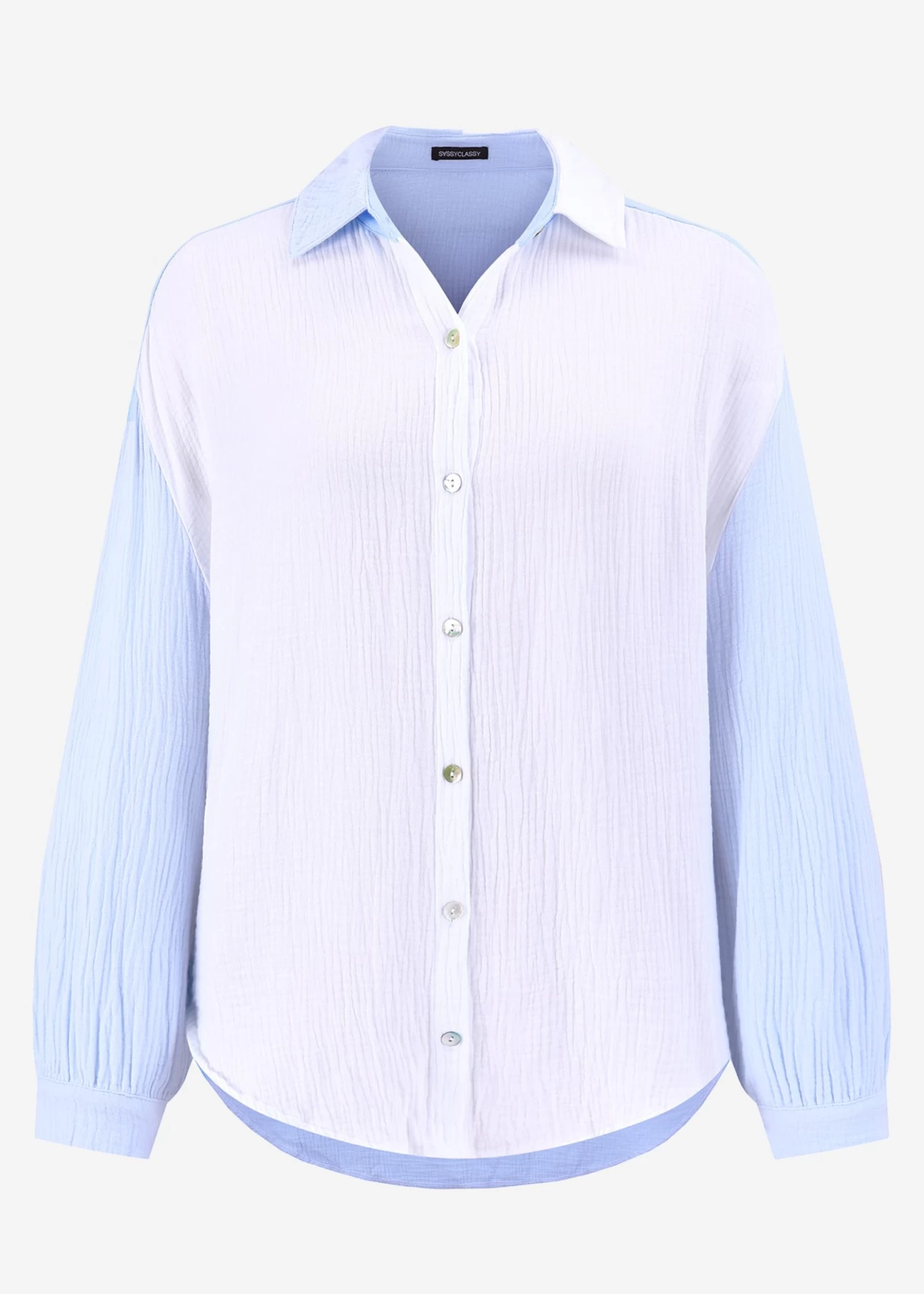 Musselin Bluse Oversize, Kurz, Blau-weiß 17 Musselin Bluse Oversize, Kurz, Blau-weiß – Bild 15