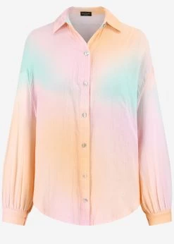 Transparente Musselin Bluse Oversize, Kurz, Apricot-grün-rosa -Sassyclassy S3207B6055 Bust