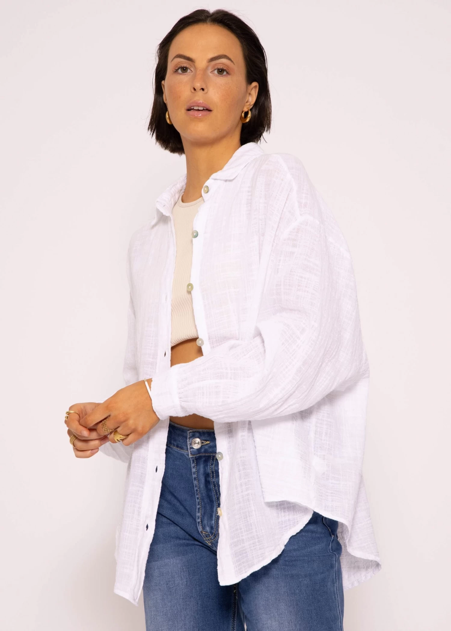 Oversize Bluse, Kurz, Mit Leinenstruktur, Weiß 6 Oversize Bluse, Kurz, Mit Leinenstruktur, Weiß – Bild 4