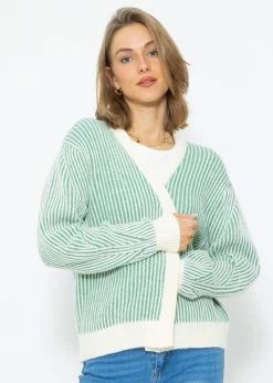 2-farbig Gerippter Cardigan - Offwhite-grün