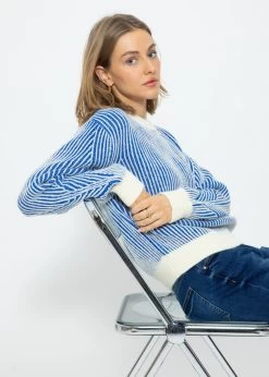 2-farbig Gerippter Pullover - Blau-offwhite