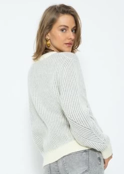 2-farbig Gerippter Pullover - Grau-offwhite -Sassyclassy SassyClassy 2 farbig gerippter pullover grau offwhite S3211P6667