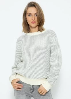2-farbig Gerippter Pullover - Grau-offwhite