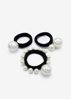3er Set Haargummis Mit Perlen - Schwarz
