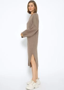 Strickkleid Mit Seitenschlitz In Midi-Länge - Taupe -Sassyclassy SassyClassy Strickkleid mit seitenschlitz in midi lange taupe S3206B5979 3