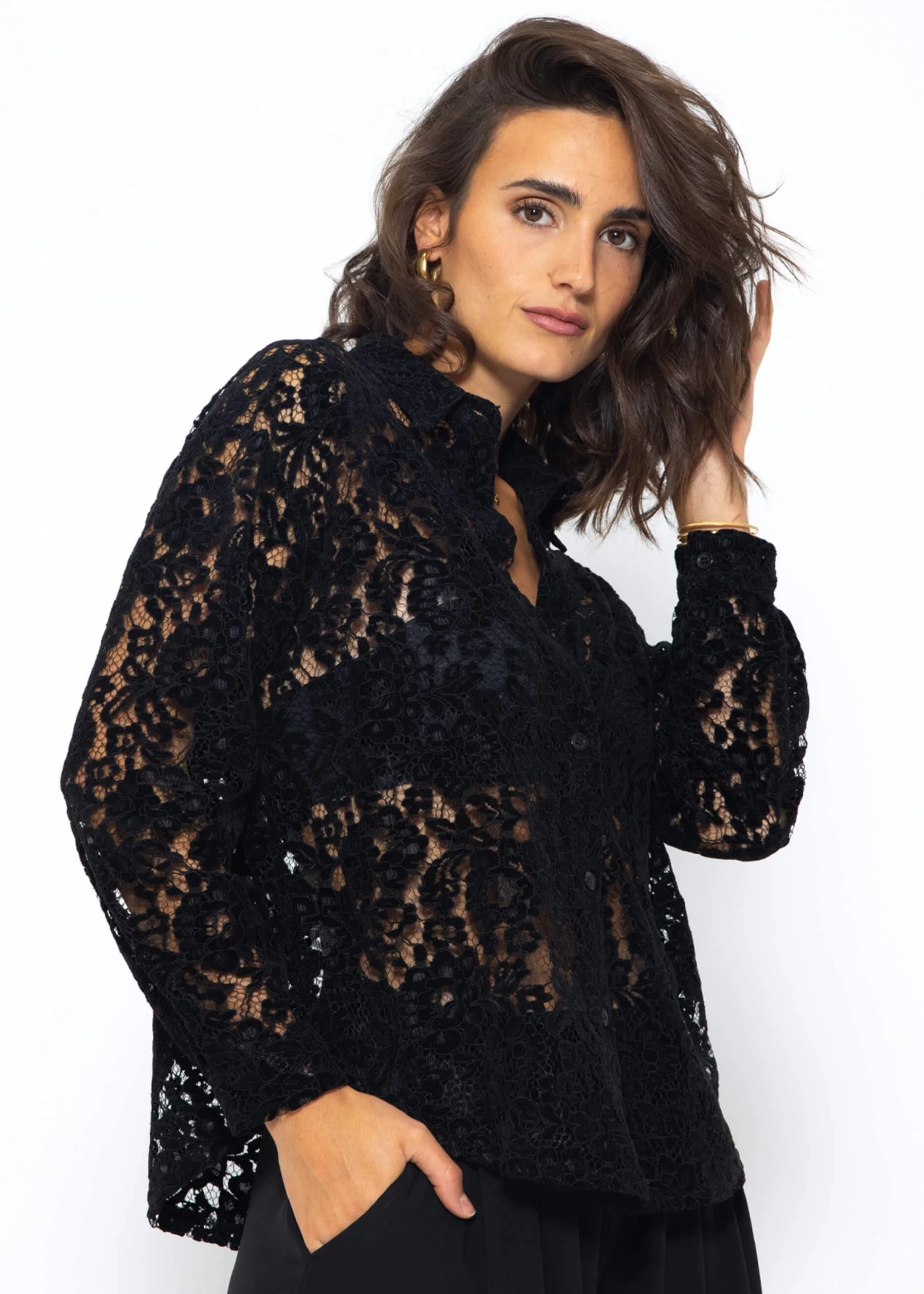 Bluse Aus Spitze Mit Samteffekt - Schwarz 5 Bluse Aus Spitze Mit Samteffekt - Schwarz – Bild 3