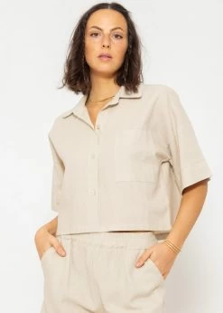 Crop Leinen Blusen Jacke, Beige