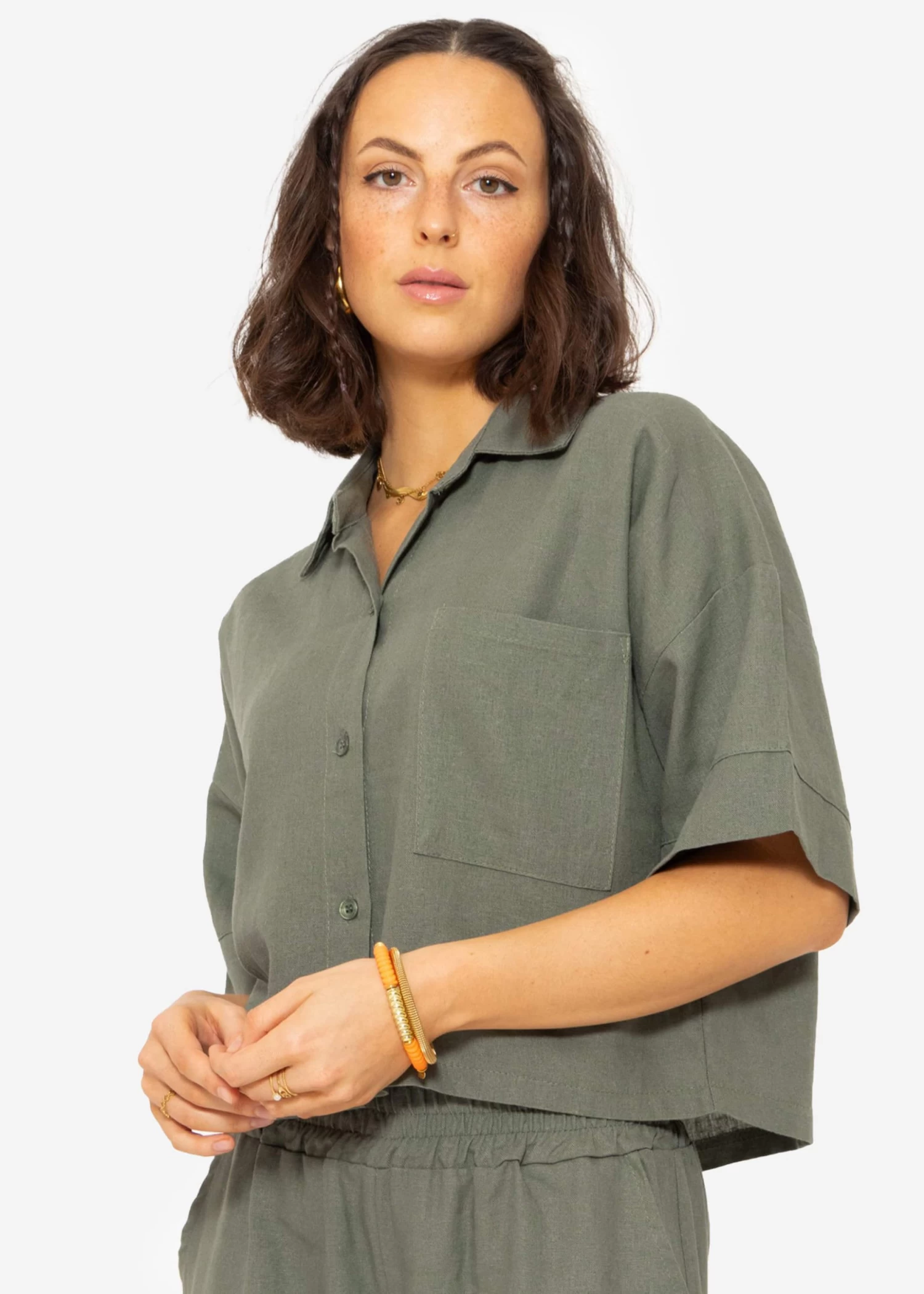 Crop Leinen Blusen Jacke, Khaki 3 Crop Leinen Blusen Jacke, Khaki