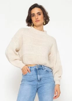 Crop Strickpullover Mit Textur - Offwhite