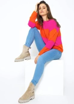 Flauschiger Pullover Mit Blockstreifen - Pink-orange -Sassyclassy SassyClassy flauschiger pullover mit blockstreifen pink orange S3209P6405