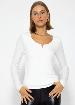 Geripptes Langarmshirt - Offwhite