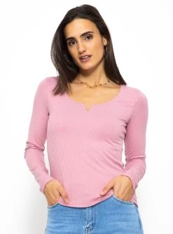 Geripptes Langarmshirt - Rosa