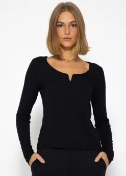 Geripptes Langarmshirt - Schwarz