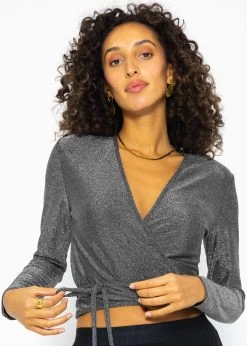 Glitzerndes Langarmshirt Zum Wickeln - Silber