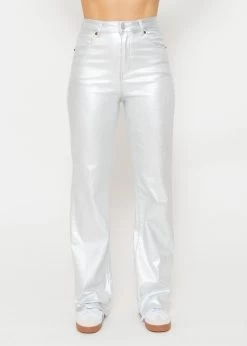 Highwaist Jeans, Metallic, Mit Geradem Bein - Silber