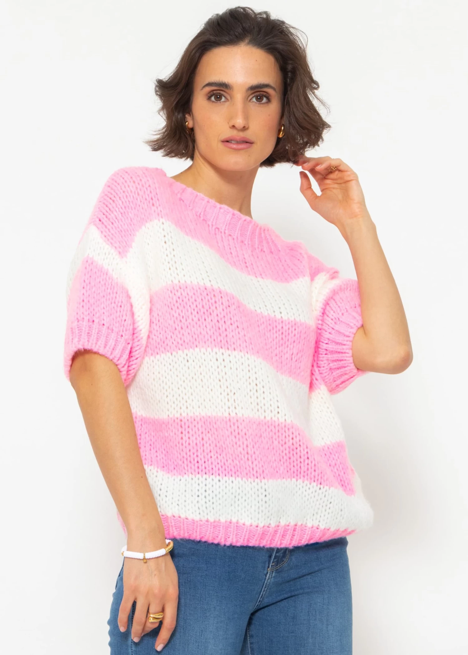 Kurzarm Streifenpullover - Rosa-offwhite 7 Kurzarm Streifenpullover - Rosa-offwhite – Bild 5