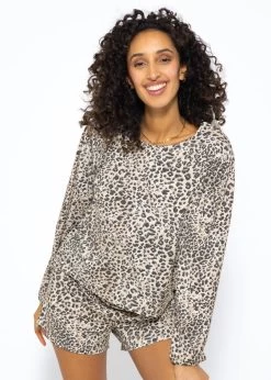 Langarm Pyjamashirt Mit Leoprint - Beige