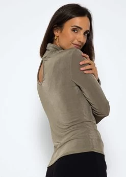 Fließendes Langarmshirt Mit Rollkragen Und Rückenausschnitt - Khaki -Sassyclassy SassyClassy langarmshirt mit rollkragen und ruckenausschnitt khaki S3209G6381 5