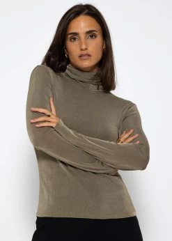 Fließendes Langarmshirt Mit Rollkragen Und Rückenausschnitt - Khaki -Sassyclassy SassyClassy langarmshirt mit rollkragen und ruckenausschnitt khaki S3209G6381 6