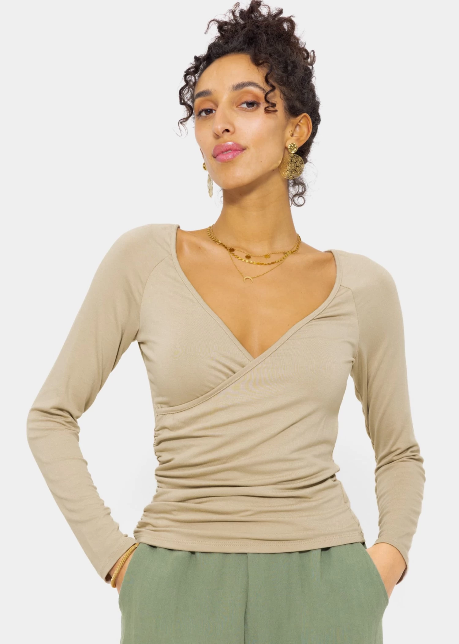 Langarmshirt Mit Wickel-Optik - Beige 3 Langarmshirt Mit Wickel-Optik - Beige