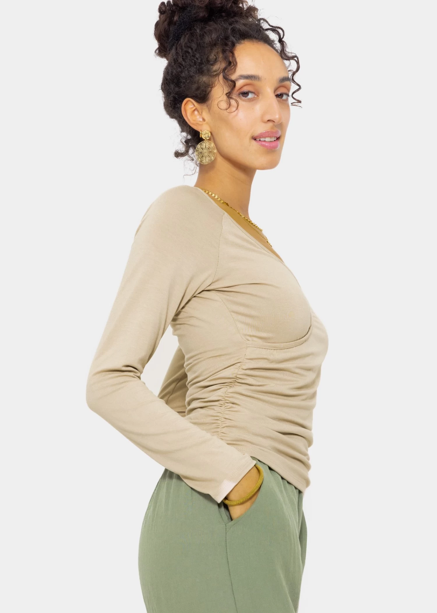 Langarmshirt Mit Wickel-Optik - Beige 5 Langarmshirt Mit Wickel-Optik - Beige – Bild 3