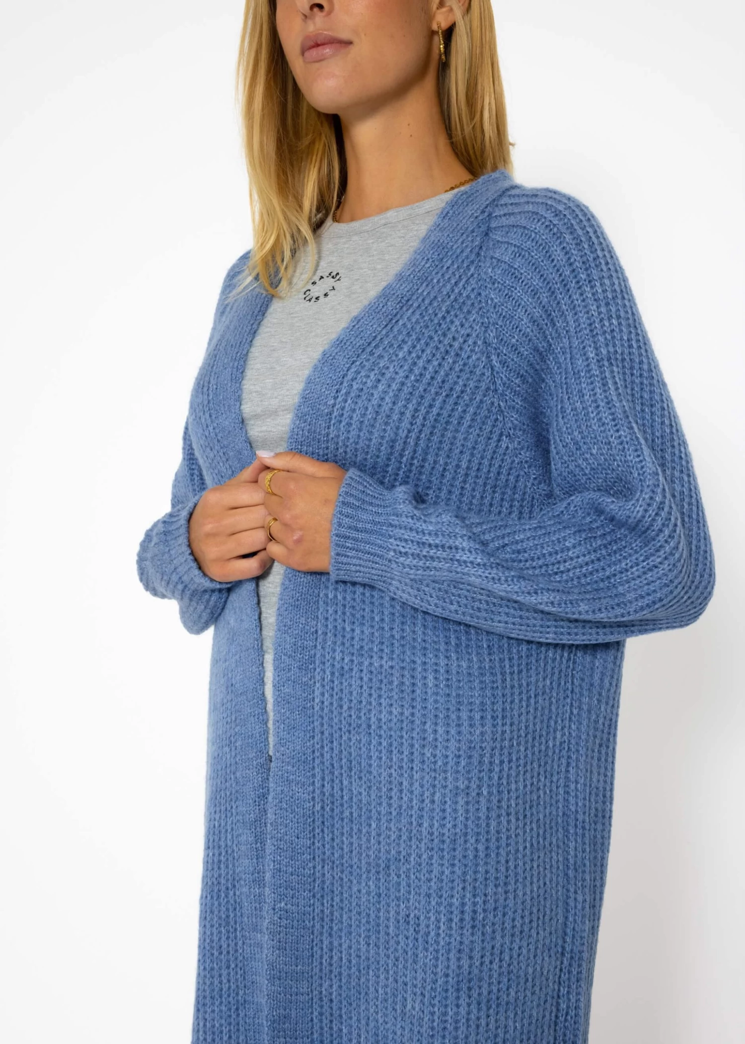 Langer, Gerippter Cardigan - Jeansblau 9 Langer, Gerippter Cardigan - Jeansblau – Bild 7