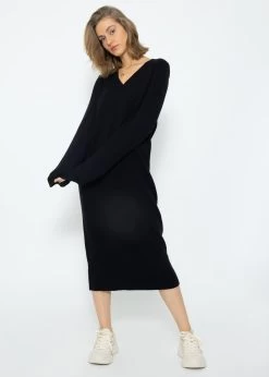 Langes Strickkleid Mit V-Ausschnitt - Schwarz 13 Langes Strickkleid Mit V-Ausschnitt - Schwarz -Sassyclassy SassyClassy langes strickkleid mit v ausschnitt schwarz S3210K6549 7