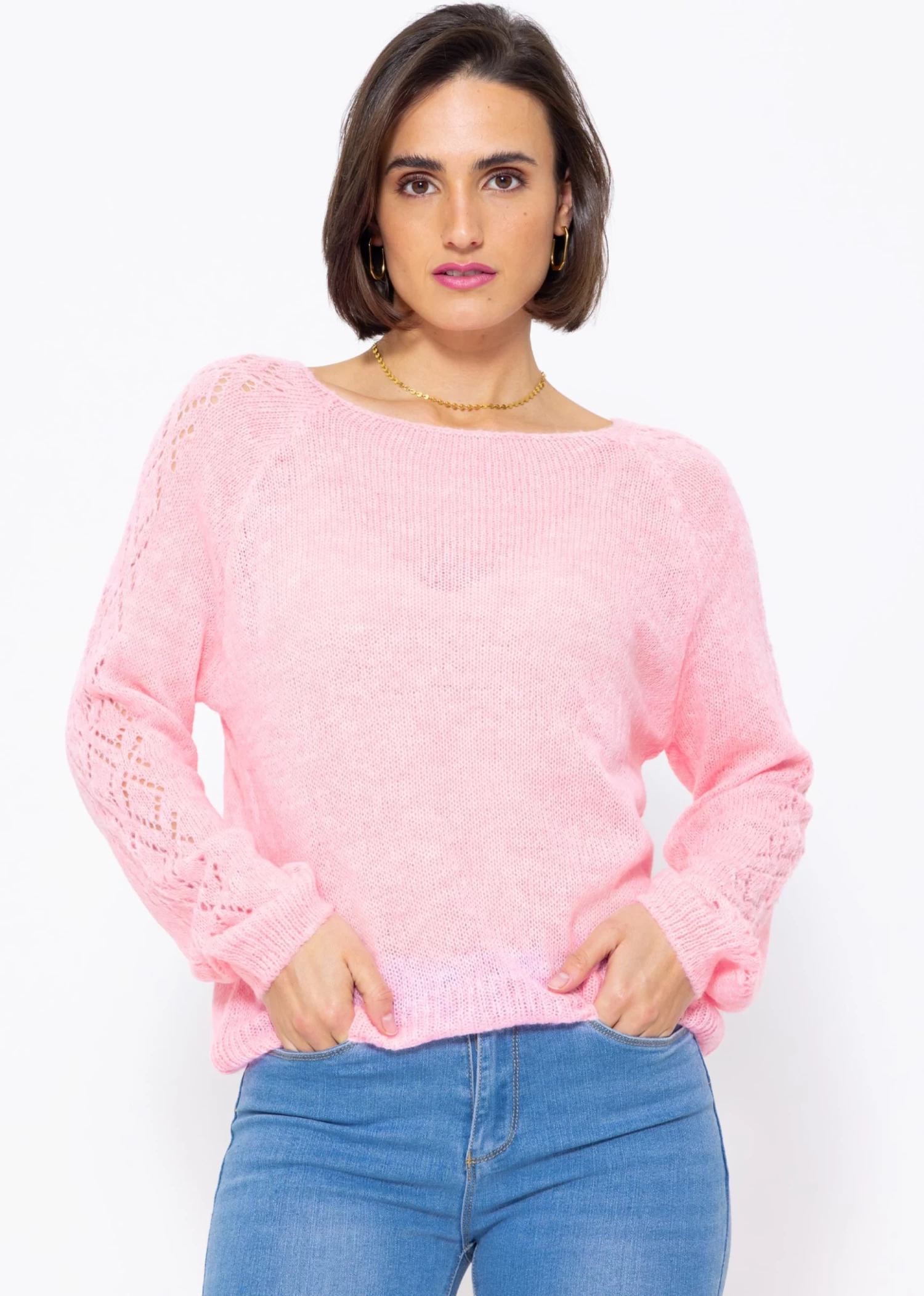 Lockerer Pullover Mit Ajour-Muster, Babyrosa 3 Lockerer Pullover Mit Ajour-Muster, Babyrosa