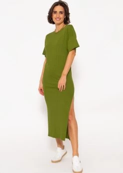 Maxi Rip Jersey Kleid Mit Schlitz - Khaki