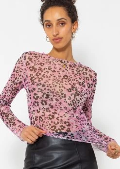 Mesh Langarmshirt Mit Leo-Print - Rosa -Sassyclassy SassyClassy meche langarmshirt mit leo print rosa S4203G6848 1