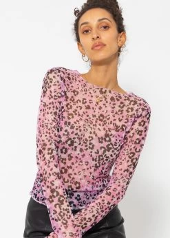 Mesh Langarmshirt Mit Leo-Print - Rosa -Sassyclassy SassyClassy meche langarmshirt mit leo print rosa S4203G6848 4