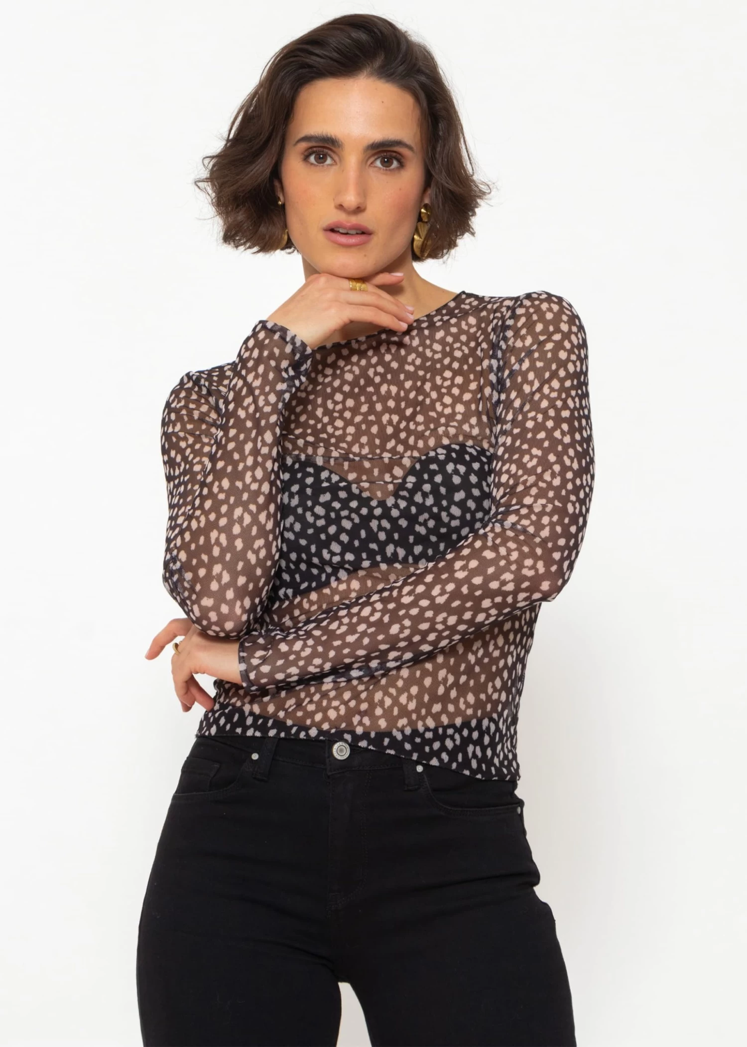 Mesh Langarmshirt Mit Print - Schwarz 3 Mesh Langarmshirt Mit Print - Schwarz