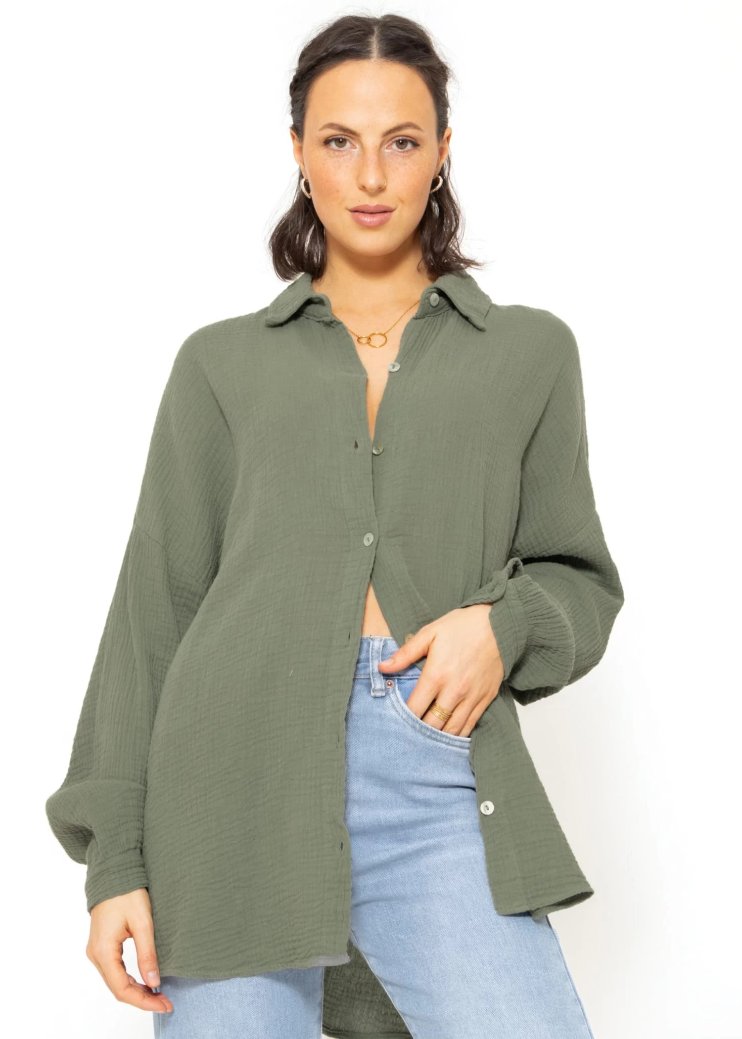 Musselin Bluse Im Regular Fit - Khaki 3 Musselin Bluse Im Regular Fit - Khaki