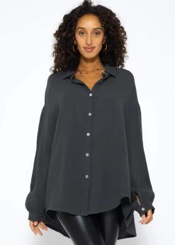 Musselin Bluse Oversize, Dunkelgrau