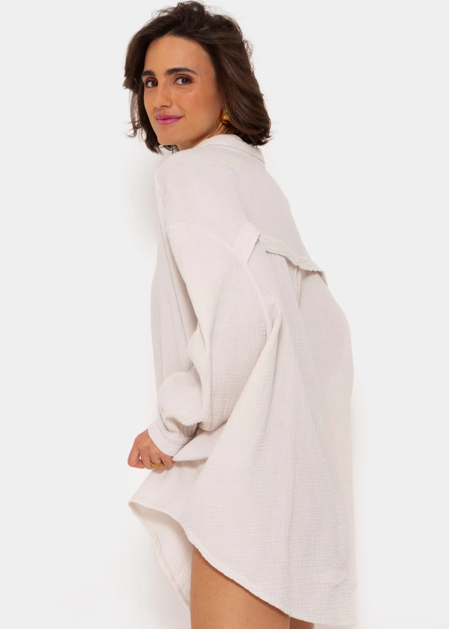 Musselin Bluse Oversize, Hellbeige 10 Musselin Bluse Oversize, Hellbeige – Bild 8