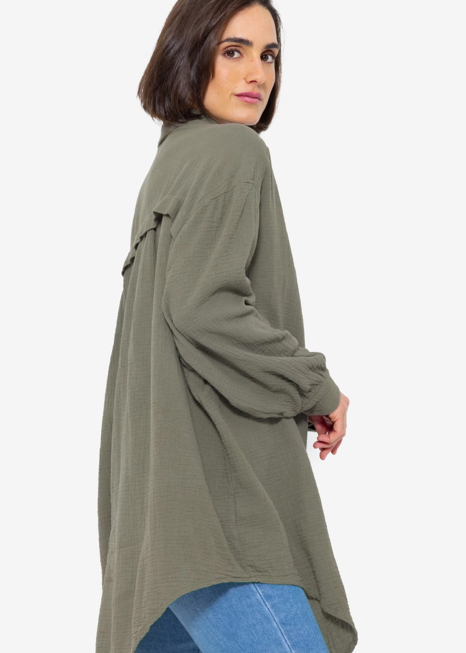 Musselin Bluse Oversize, Khaki 8 Musselin Bluse Oversize, Khaki – Bild 6