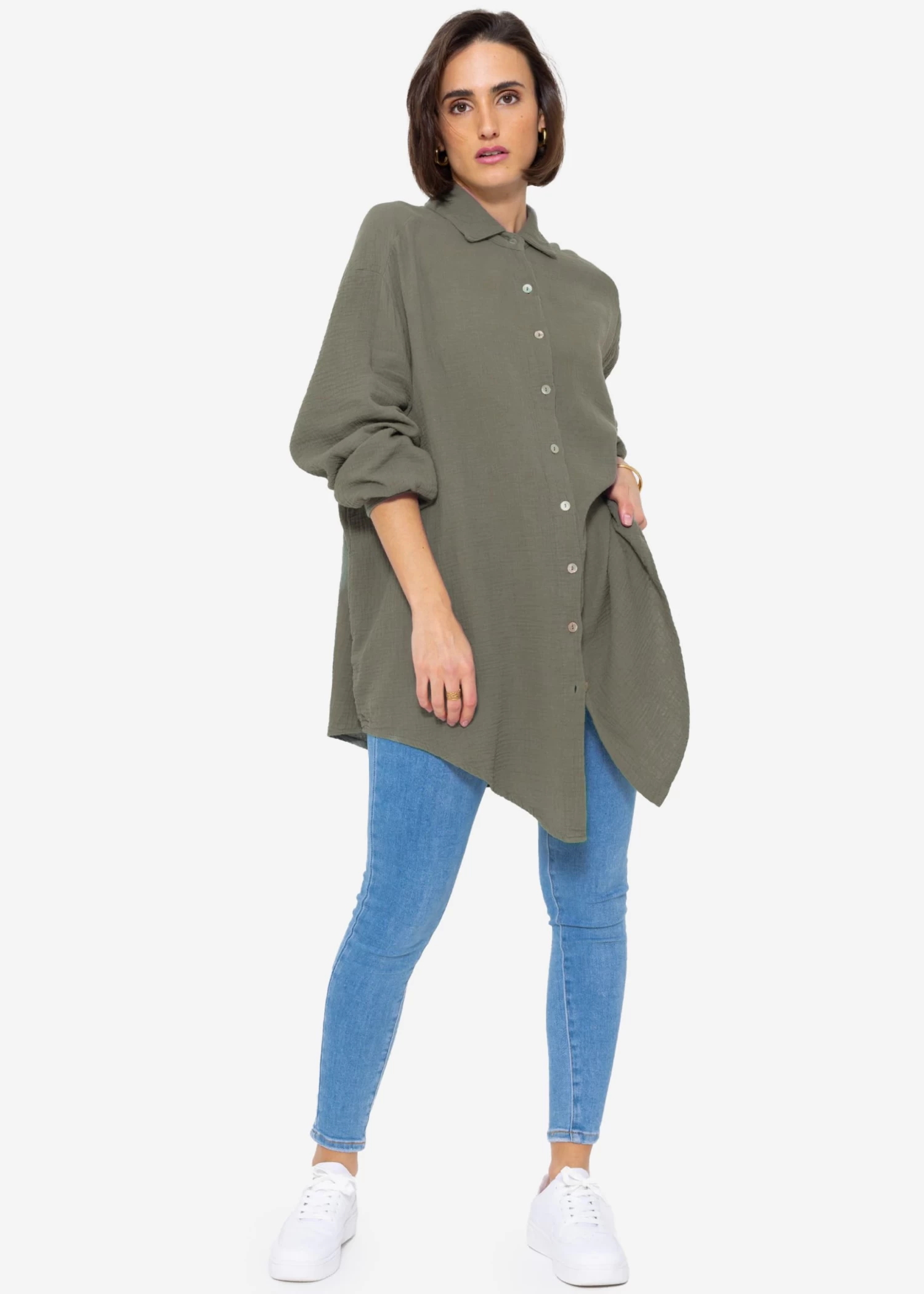 Musselin Bluse Oversize, Khaki 6 Musselin Bluse Oversize, Khaki – Bild 4