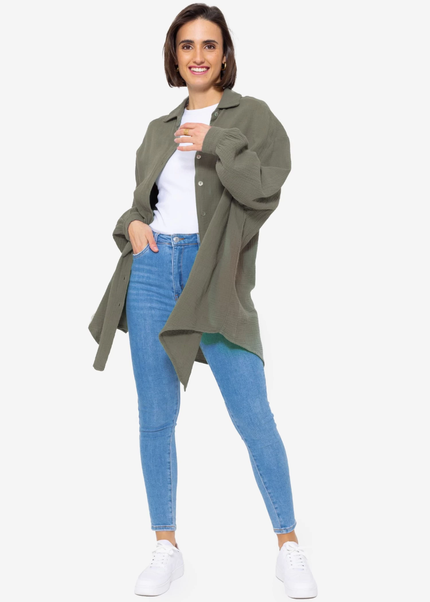 Musselin Bluse Oversize, Khaki 4 Musselin Bluse Oversize, Khaki – Bild 2