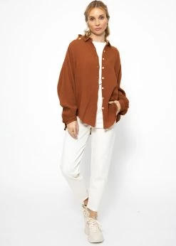 Musselin Bluse Oversize, Kurz, Cognac -Sassyclassy SassyClassy musselin bluse oversize kurz cognac S1210B4283 5 2