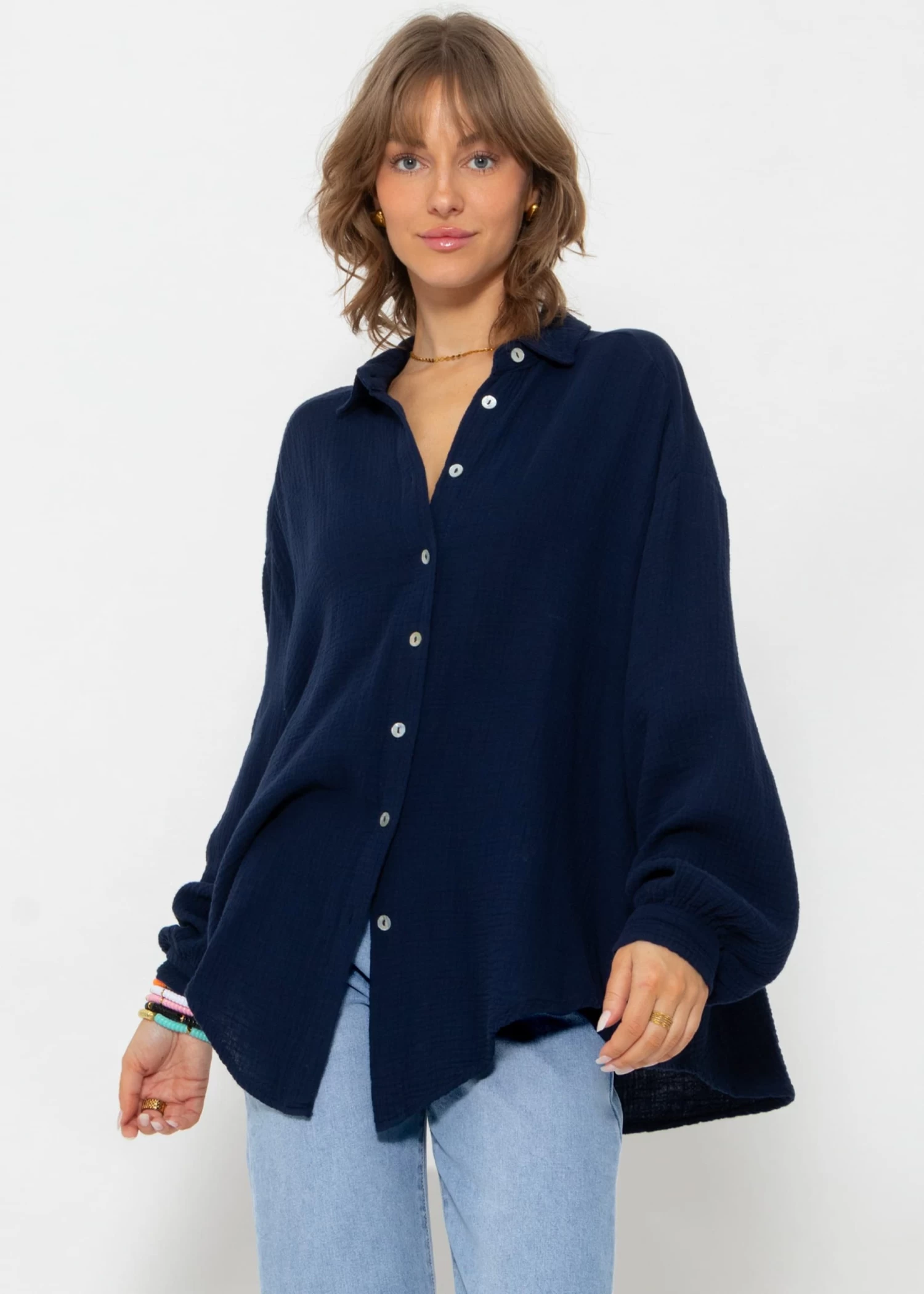 Musselin Bluse Oversize, Kurz, Dunkelblau 3 Musselin Bluse Oversize, Kurz, Dunkelblau