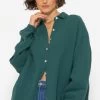 Musselin Bluse Oversize, Kurz, Dunkelgrün