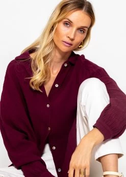 Musselin Bluse Oversize, Kurz, Dunkelrot