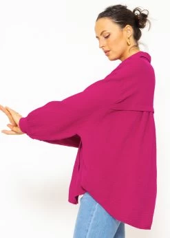 Musselin Bluse Oversize, Kurz, Fuchsia
