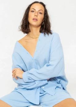 Musselin Bluse Oversize, Kurz, Hellblau