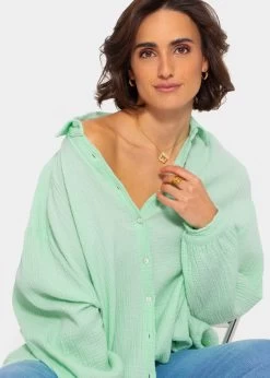 Musselin Bluse Oversize, Kurz, Hellgrün