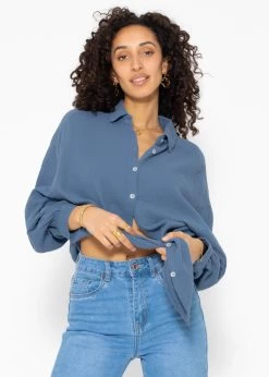 Musselin Bluse Oversize, Kurz, Jeansblau