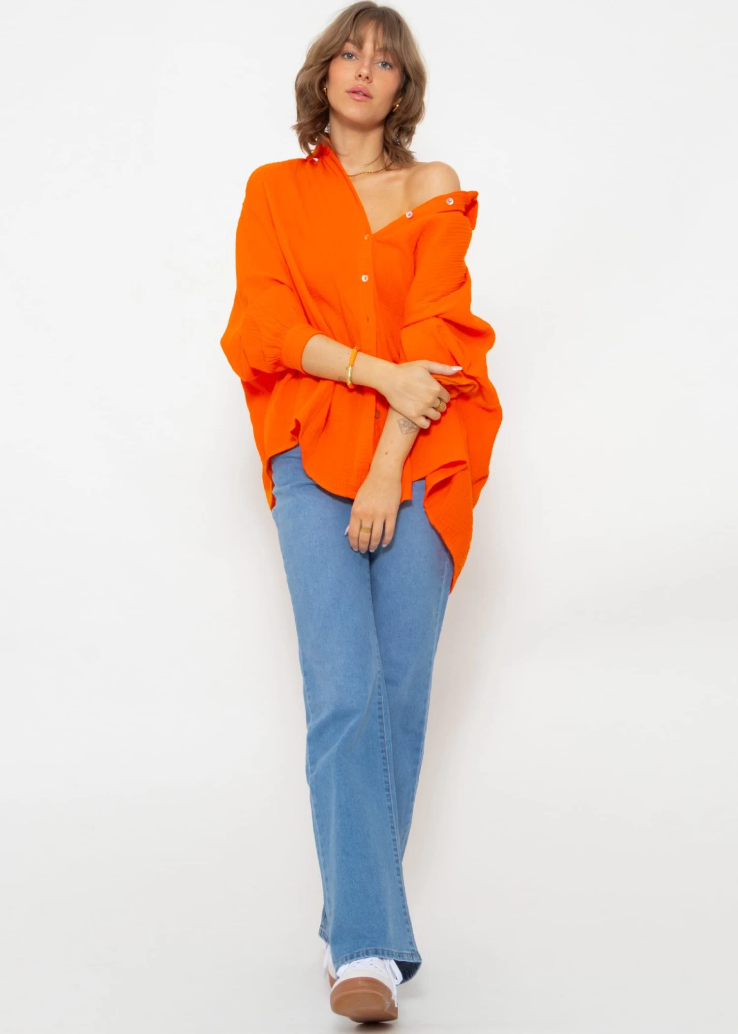 Musselin Bluse Oversize, Kurz, Orange 6 Musselin Bluse Oversize, Kurz, Orange – Bild 4