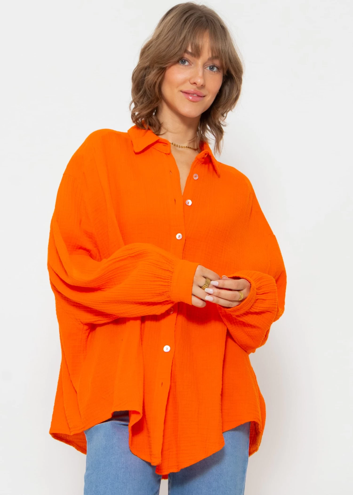 Musselin Bluse Oversize, Kurz, Orange 5 Musselin Bluse Oversize, Kurz, Orange – Bild 3